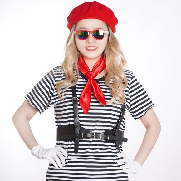 Women Red Chiffon Square Ribbon Neck Scarf Satin Handkerchief For Halloween - Picture 6 of 8